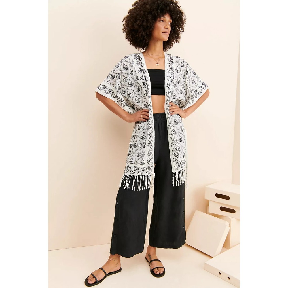 Anthropologie Printed Fringe Duster M/L  Lace Embroidery White Black